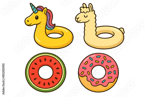 Cute cartoon pool floats: unicorn, llama, watermelon, and donut