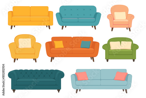 Collection of colorful cartoon sofas and armchairs