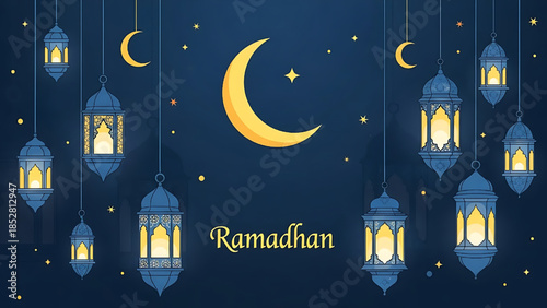 Ramadhan Islamic Greeting Background with Moon and Lanterns Festive Celebration