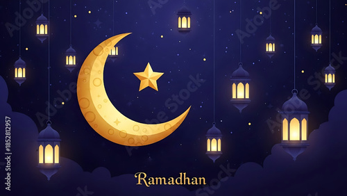 Ramadan night illustration with a crescent moon and glowing lanterns in a calm, spiritual atmosphere.