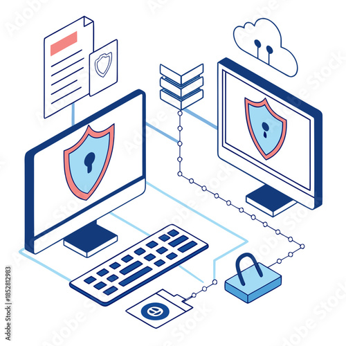 Cyber Security and Data Protection Concept Illustration with Shield Icons, Computer Monitors, and Network Safety Elements