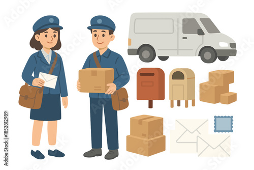 Postman and Postwoman with Mail Delivery Items