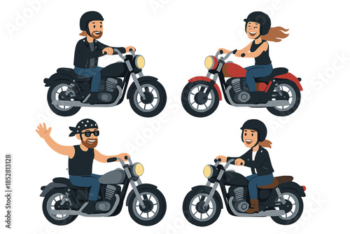 Four bikers riding motorcycles with glowing headlights