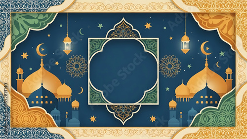 Decorative Ramadan frame with mosque domes, lanterns, crescent moon, and ornamental details.