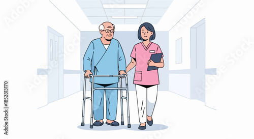 Elderly Man and Female Nurse Walking Together.