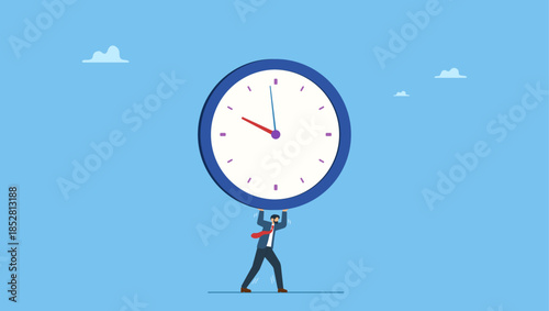 Depressed businessman salary man carry heavy big clock burden. Time management failure, freedom to spend time with family and loved one, overworked or office worker routine work overtime.