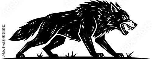 Menacing woodcut style illustration of a snarling black wolf on
