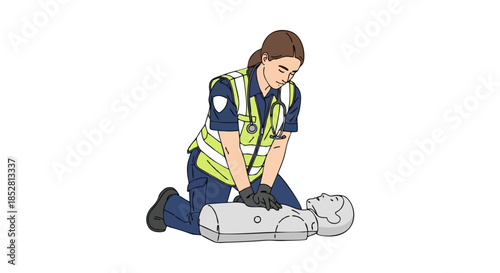 Emergency Medical Technician Performing CPR on Man.