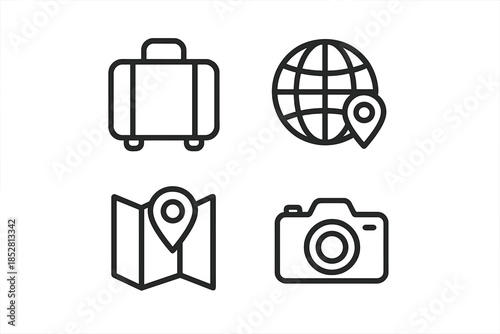 Travel Icons - Suitcase, Globe, Map, Camera