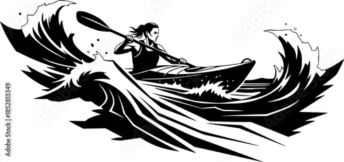 Silhouette Illustration of a Woman Kayaking Through Raging Waters Representing Adventure and Freedom
