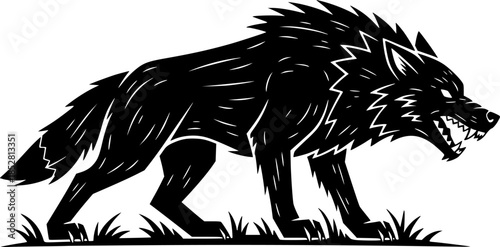 Menacing woodcut style illustration of a snarling black wolf on
