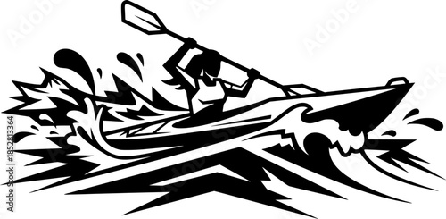 Silhouette Illustration of a Woman Kayaking Through Raging Waters Representing Adventure and Freedom
