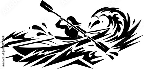 Silhouette Illustration of a Woman Kayaking Through Raging Waters Representing Adventure and Freedom
