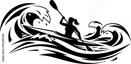 Silhouette Illustration of a Woman Kayaking Through Raging Waters Representing Adventure and Freedom
