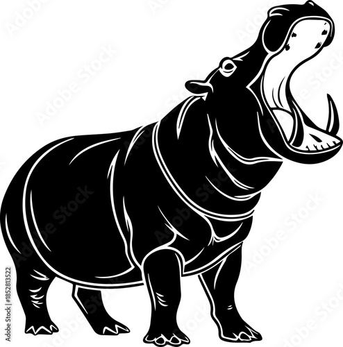 Silhouette of Hippopotamus with Mouth Wide Open African Wildlife Vector