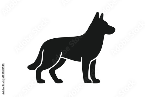 Black silhouette of a German Shepherd dog on a dark gray background
