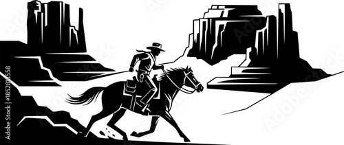 Wild west adventure in grand canyon with galloping horse and rid
