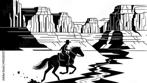 Wild west adventure in grand canyon with galloping horse and rid
