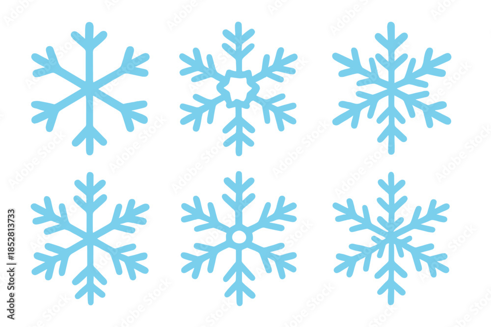 Fototapeta premium Six Glowing Blue Snowflakes on a Dark Background