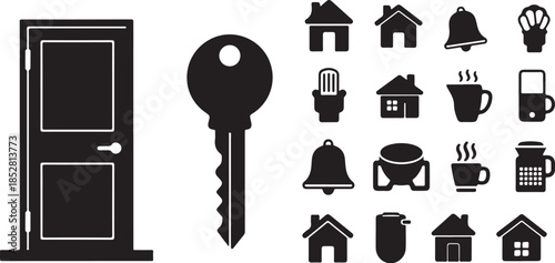 Door key and household object icon set