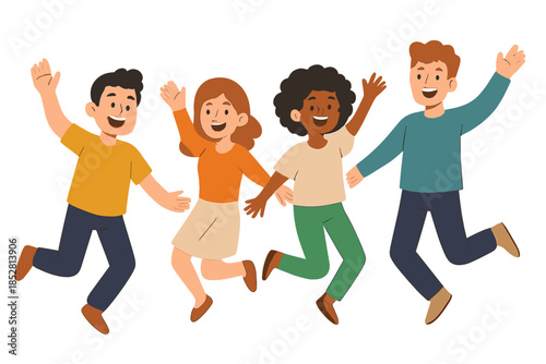 Diverse group of happy people jumping in unison