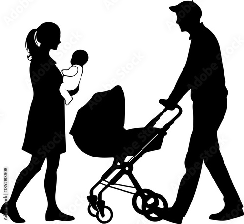 Silhouette of Young Family with Baby and Stroller Walking Outdoors Vector