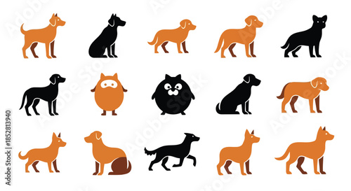 Collection of vector dog and cat silhouettes on white background
