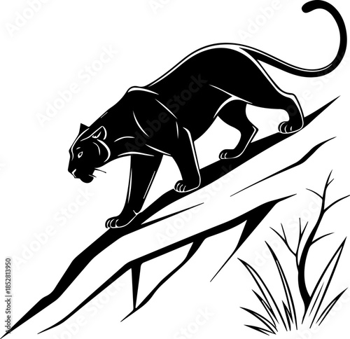 Black Panther Silhouette Crouching on Tree Branch Vector Illustration
