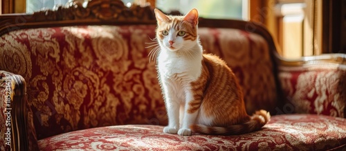 Wallpaper Mural Orange and white tabby cat sitting on an antique red and gold patterned sofa in warm sunlight Torontodigital.ca