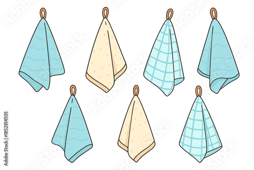 Various colorful towels hanging on hooks