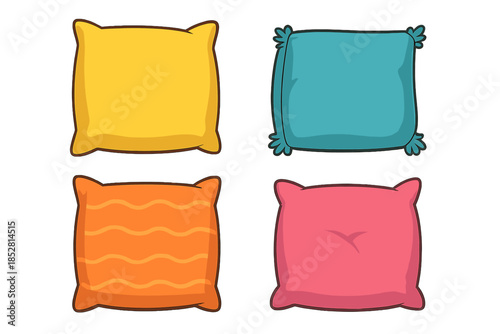 Four cartoon pillows in different colors