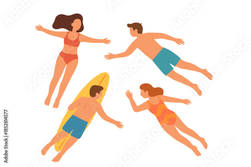 Four people swimming and floating in glowing water