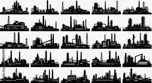 Collection of industrial factory and plant silhouettes on white background vector