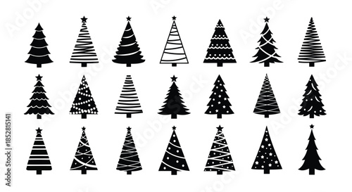 Collection of black Christmas trees with various patterns on white background vector