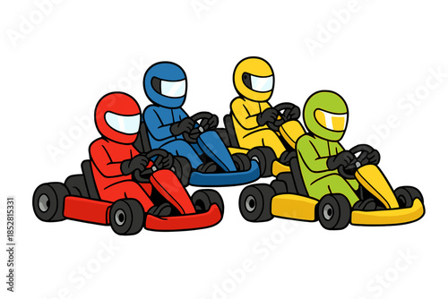 Four cartoon go-karts with colorful drivers
