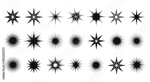 Collection of black starburst explosion icons on white background vector