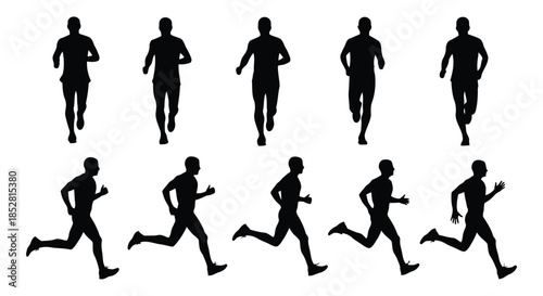 Set of black silhouettes of men running on white background vector