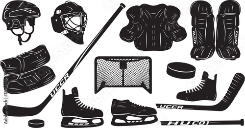 Collection of black ice hockey equipment icons