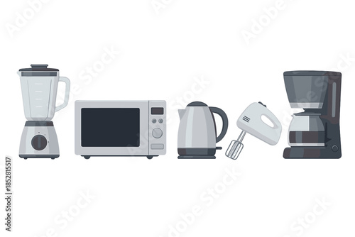 Collection of kitchen appliances in a row