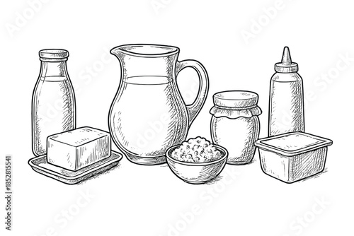 Hand-drawn dairy products and condiments on a dark background