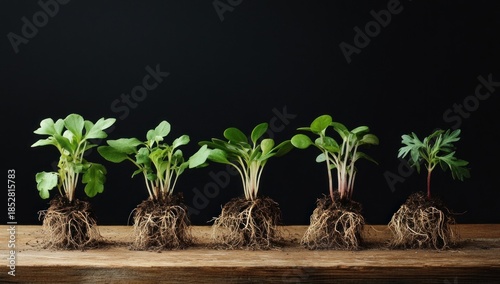 Wallpaper Mural Row of young plant seedlings with exposed root systems on a rustic wooden surface Torontodigital.ca