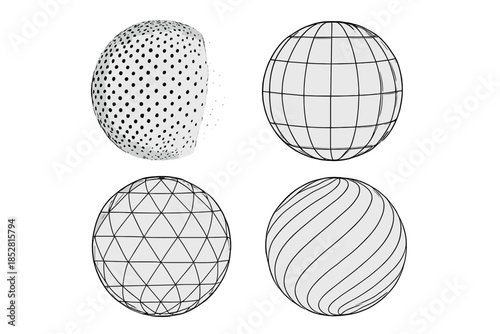 Four spheres with different geometric patterns and textures