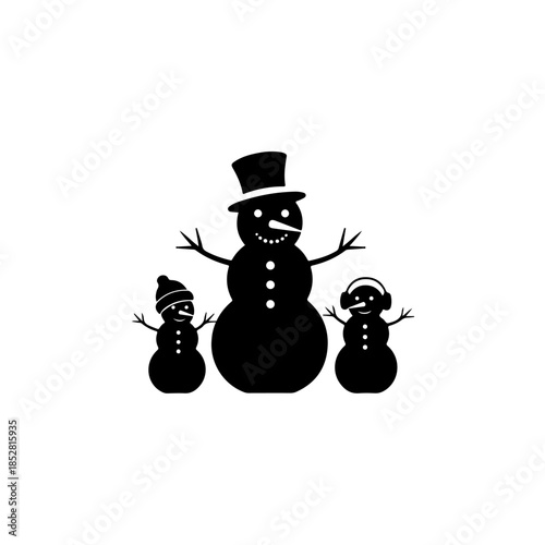 Three snowmen standing together isolated on transparent background