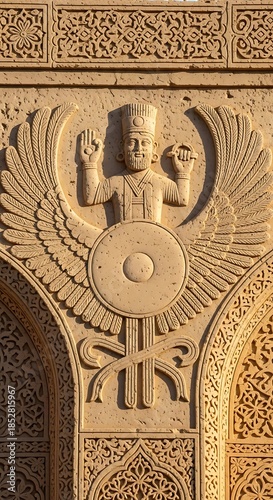 Ancient Assyrian Relief - Winged Figure with Disc and Intricate Carvings.