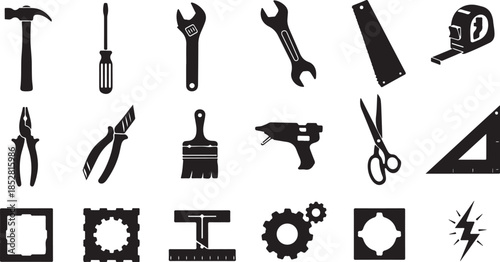 Black silhouette tools and hardware icons