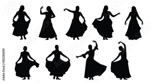 Nine silhouettes of women in long dresses dancing on white background vector