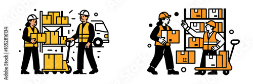 Workers handling boxes with equipment in a distribution center