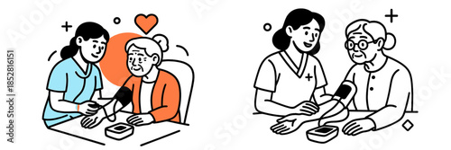 Caring nurse checking blood pressure of elderly patient in clinic