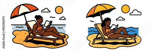 Relaxing on the beach with a book under colorful umbrellas