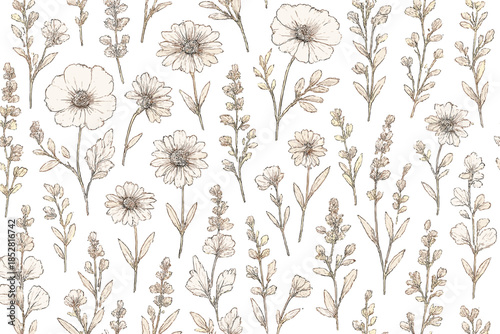 Seamless pattern of delicate sketched wildflowers on a sepia background